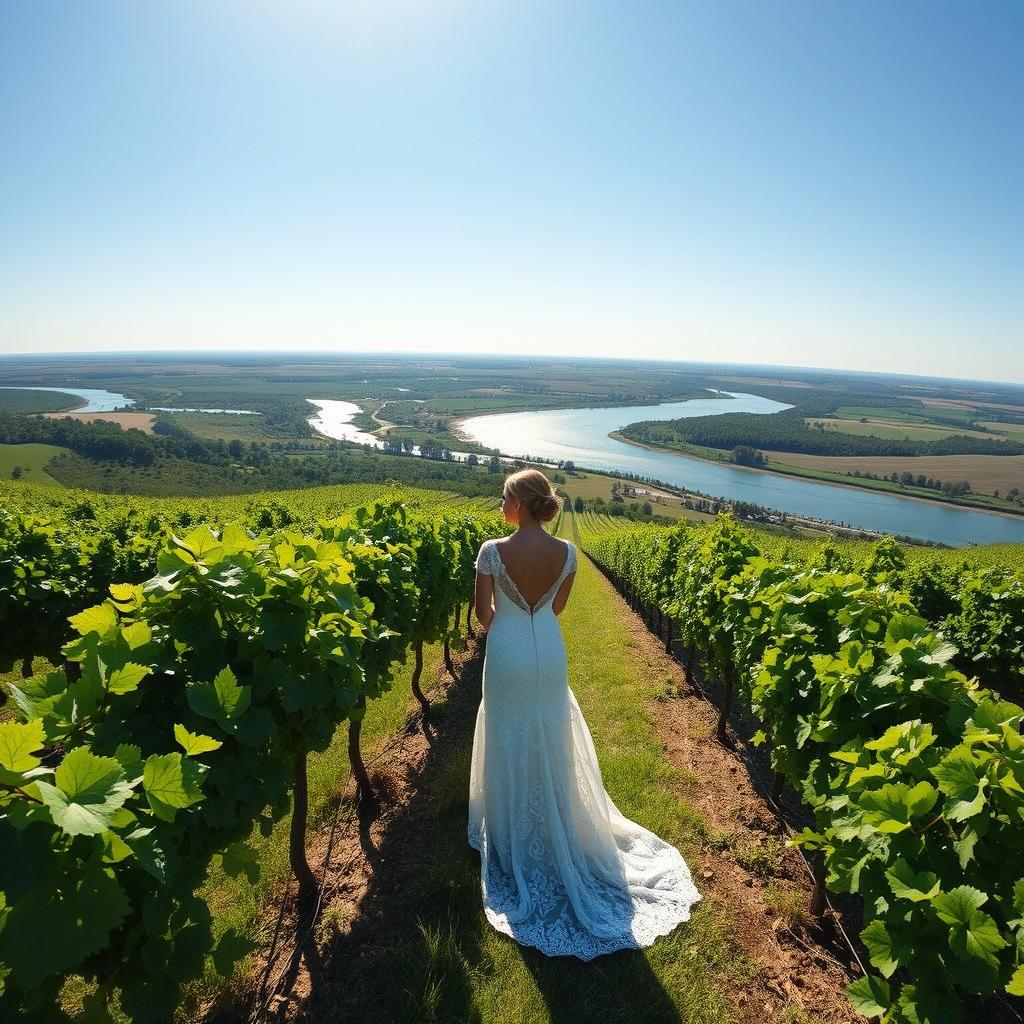 An aerial shot capturing a stunning view of a vineyard on a sunny day, featuring a beautiful bride standing gracefully amid the lush green vines