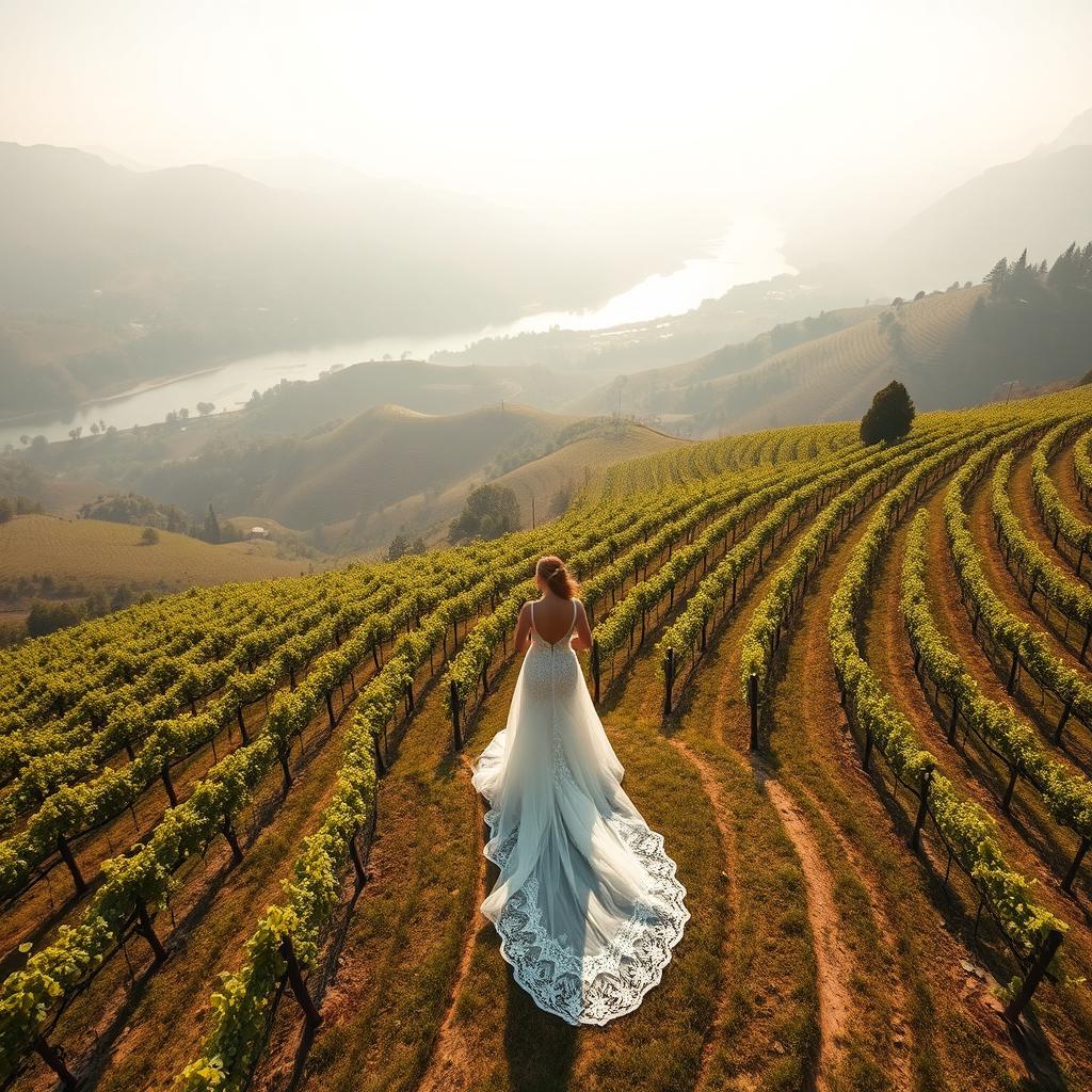 An aerial shot capturing a breathtaking view of a terraced vineyard on a hazy sunny day with a river meandering in the distance