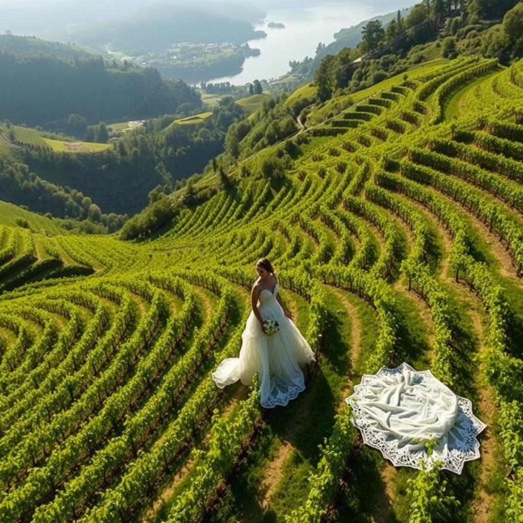 An aerial shot showcasing an Austrian terraced vineyard on a hazy sunny day, with a beautiful bride elegantly poised among the intricate rows of vines