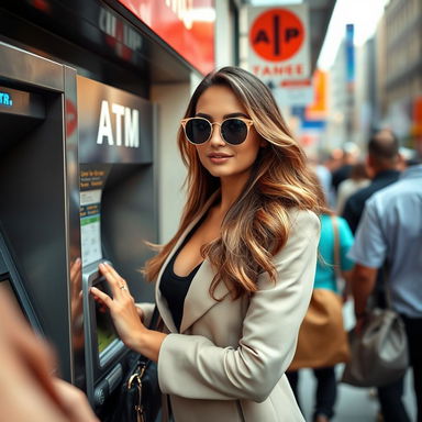 A beautiful woman confidently using an ATM in a bustling urban setting