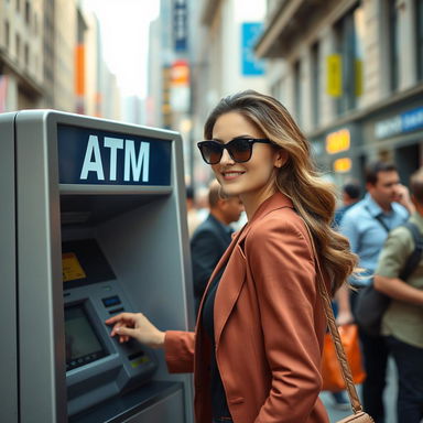 A beautiful woman confidently using an ATM in a bustling urban setting