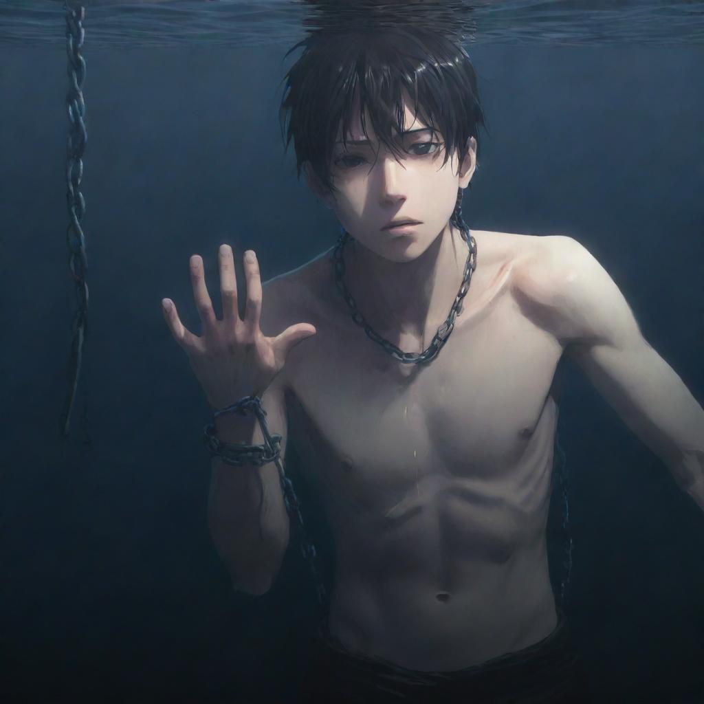 A distraught anime boy, his hand secured with chains, submerged in deep, dark water, reaching out towards the surface in desperate hope, seemingly towards an unseen individual.