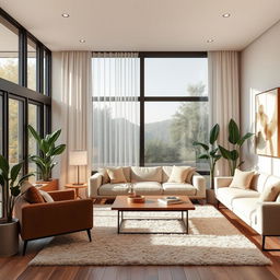 redesign modern interior of a living room space with minimalist and cozy elements, featuring sleek furniture, soft lighting, and warm color tones