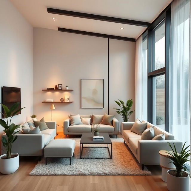 redesign modern interior of a living room space with minimalist and cozy elements, featuring sleek furniture, soft lighting, and warm color tones