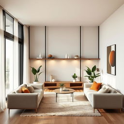 redesign modern interior of a living room space with minimalist and cozy elements, featuring sleek furniture, soft lighting, and warm color tones