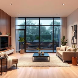 redesign modern interior of a living room space with minimalist and cozy elements, featuring sleek furniture, soft lighting, and warm color tones