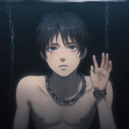 A distraught anime boy, his hand secured with chains, submerged in deep, dark water, reaching out towards the surface in desperate hope, seemingly towards an unseen individual.