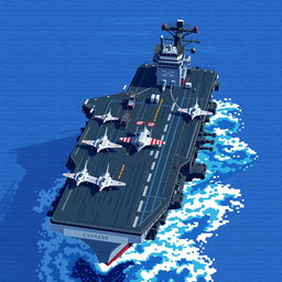 A pixel art depiction of an aircraft carrier viewed from above, showcasing detailed features such as the flight deck, control tower, and various aircraft positioned for takeoff