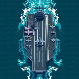 A pixel art depiction of an aircraft carrier viewed from above, showcasing detailed features such as the flight deck, control tower, and various aircraft positioned for takeoff