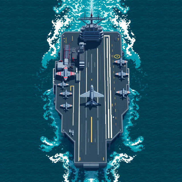 A pixel art depiction of an aircraft carrier viewed from above, showcasing detailed features such as the flight deck, control tower, and various aircraft positioned for takeoff