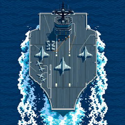 A pixel art depiction of an aircraft carrier viewed from above, showcasing detailed features such as the flight deck, control tower, and various aircraft positioned for takeoff