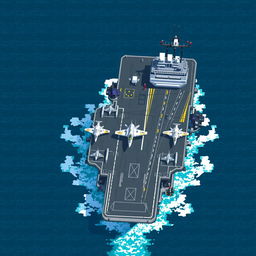 A pixel art depiction of an aircraft carrier viewed from above, showcasing detailed features such as the flight deck, control tower, and various aircraft positioned for takeoff