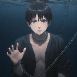 A distraught anime boy, his hand secured with chains, submerged in deep, dark water, reaching out towards the surface in desperate hope, seemingly towards an unseen individual.