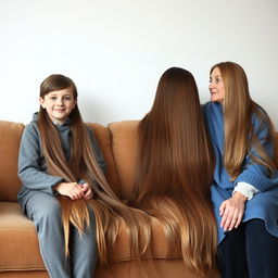 A boy sitting with the neighbor girl, who has extremely long, smooth, and loose hair, on the first couch