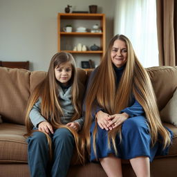 A boy sitting with the neighbor girl, who has extremely long, smooth, and loose hair, on the first couch