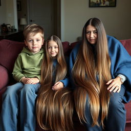 A boy sitting with the neighbor girl, who has extremely long, smooth, and loose hair, on the first couch