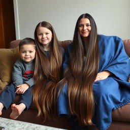 A boy sitting with the neighbor girl, who has extremely long, smooth, and loose hair, on the first couch