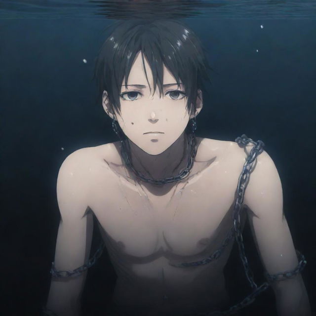 A distraught anime boy, his hand secured with chains, submerged in deep, dark water, reaching out towards the surface in desperate hope, seemingly towards an unseen individual.