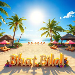 A stunning 3D render of a tropical paradise with "Bhat Bilal" playfully written in an island-inspired font on the beach, where the text appears to sit on the water