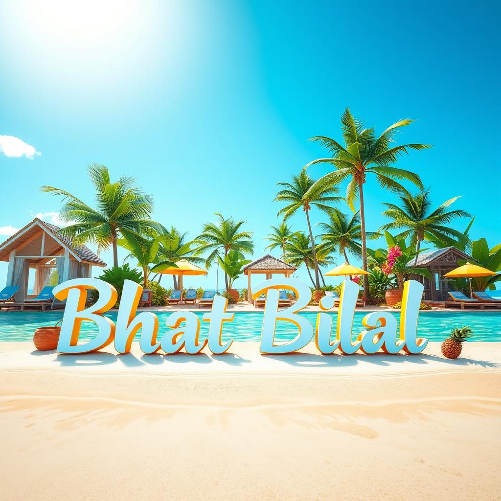 A stunning 3D render of a tropical paradise with "Bhat Bilal" playfully written in an island-inspired font on the beach, where the text appears to sit on the water