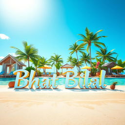 A stunning 3D render of a tropical paradise with "Bhat Bilal" playfully written in an island-inspired font on the beach, where the text appears to sit on the water