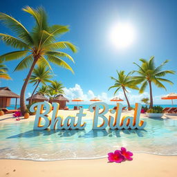 A stunning 3D render of a tropical paradise with "Bhat Bilal" playfully written in an island-inspired font on the beach, where the text appears to sit on the water