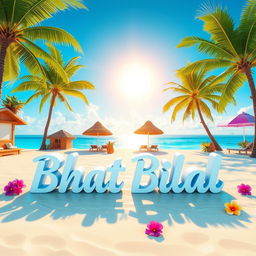 A stunning 3D render of a tropical paradise with "Bhat Bilal" playfully written in an island-inspired font on the beach, where the text appears to sit on the water