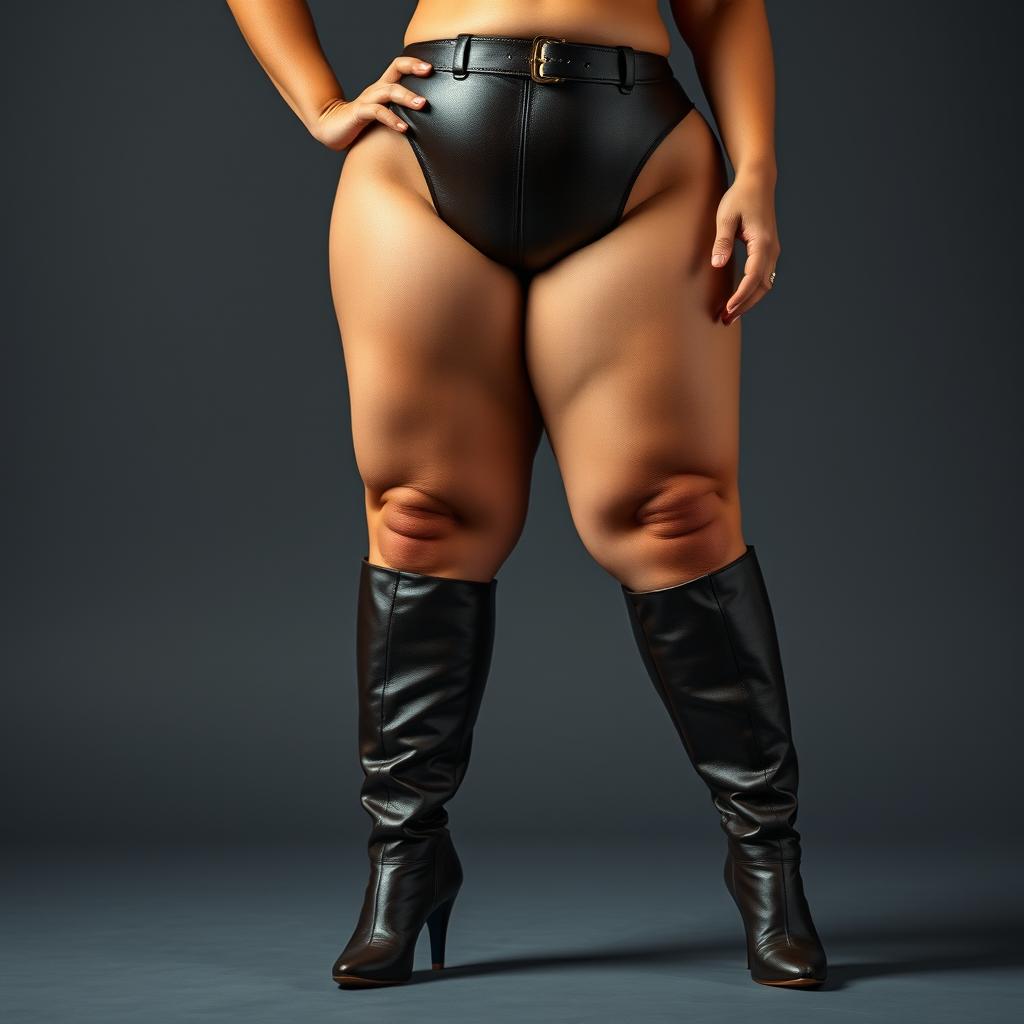 A voluptuous, big-bodied woman with noticeable curves and thick thighs accentuated by stylish thigh-high boots