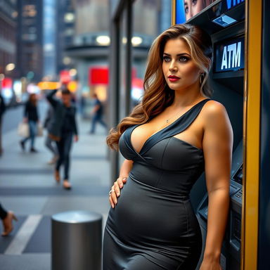 A confident woman with an ample bosom standing at an ATM