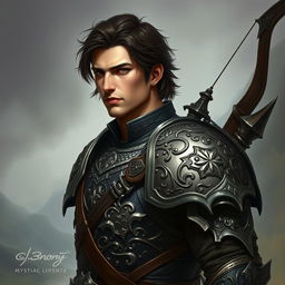 A mystical warrior portrait featuring a male character with elaborate, intricately detailed armor