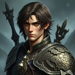 A mystical warrior portrait featuring a male character with elaborate, intricately detailed armor