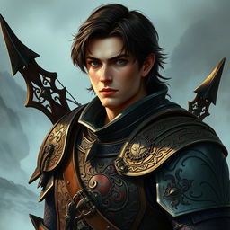 A mystical warrior portrait featuring a male character with elaborate, intricately detailed armor