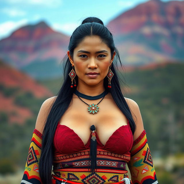 A Native American woman with the largest breasts, wearing traditional attire