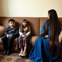 A young boy and the girl next door, with her long, smooth, loose hair, sit on the first couch