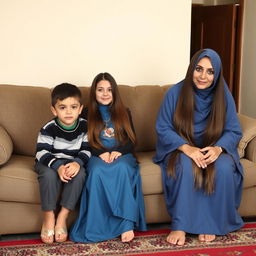 A young boy and the girl next door, with her long, smooth, loose hair, sit on the first couch