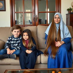 A young boy and the girl next door, with her long, smooth, loose hair, sit on the first couch