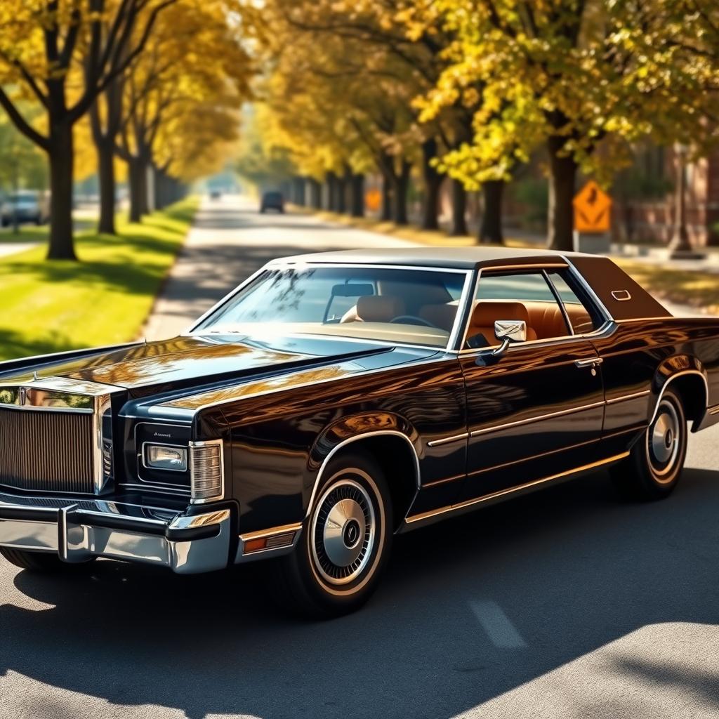 A classic 1975 Lincoln Continental parked elegantly on a scenic road