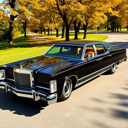 A classic 1975 Lincoln Continental parked elegantly on a scenic road