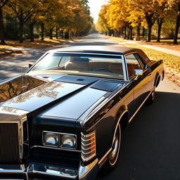 A classic 1975 Lincoln Continental parked elegantly on a scenic road