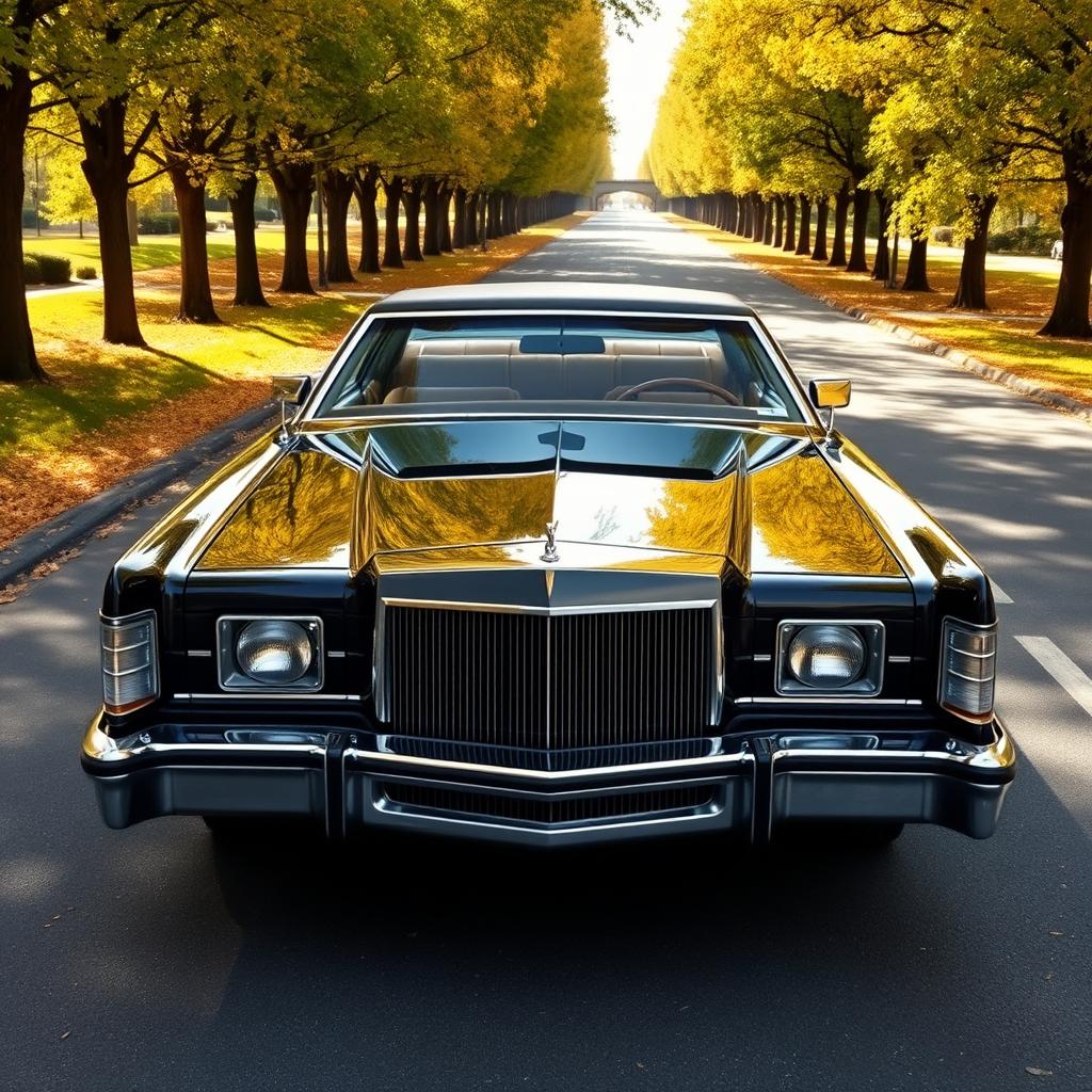 A classic 1975 Lincoln Continental parked elegantly on a scenic road