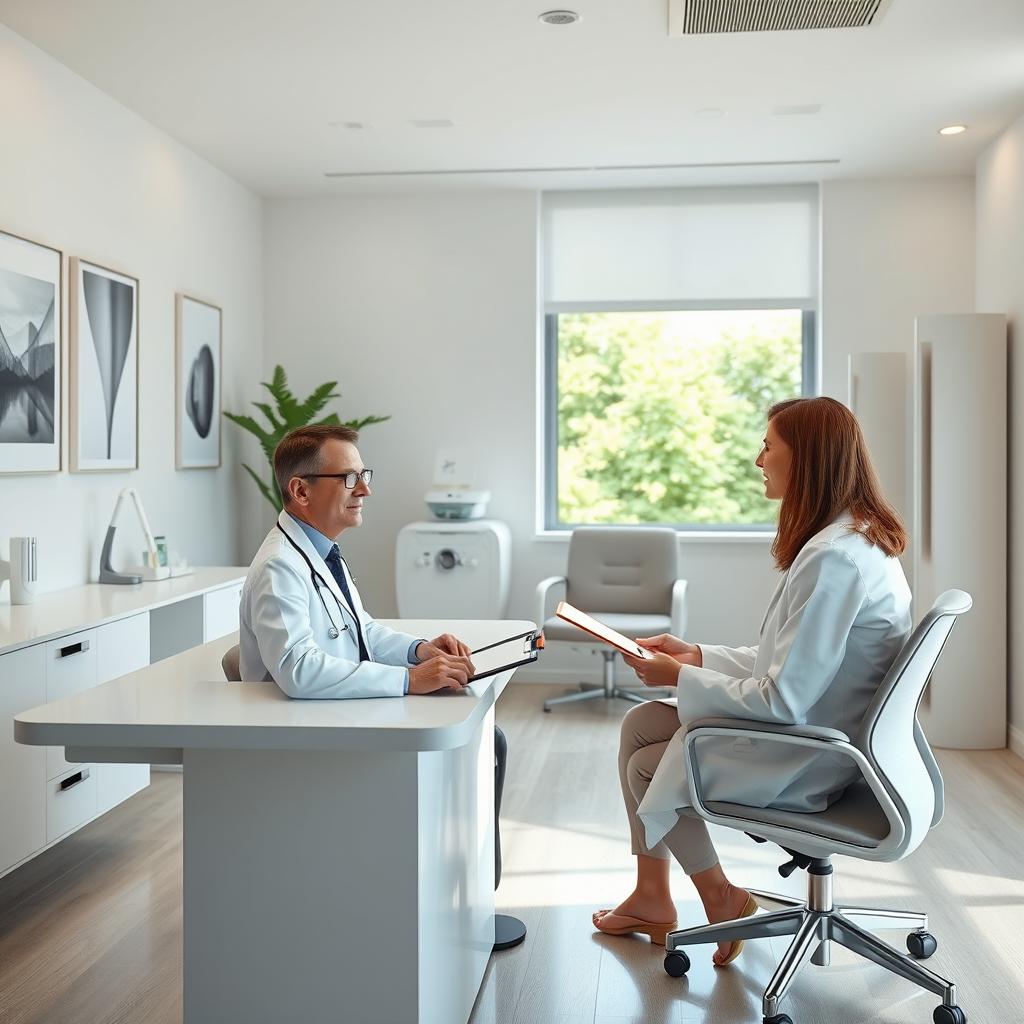 A modern medical consultation office with a clean, minimalist design