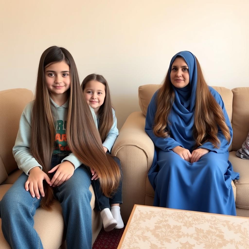 A young boy sits with a neighbor girl on the first couch