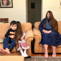 A young boy sits with a neighbor girl on the first couch