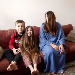 A young boy sits with a neighbor girl on the first couch