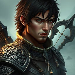 A mystical warrior portrait featuring a male character with elaborate, intricately detailed armor