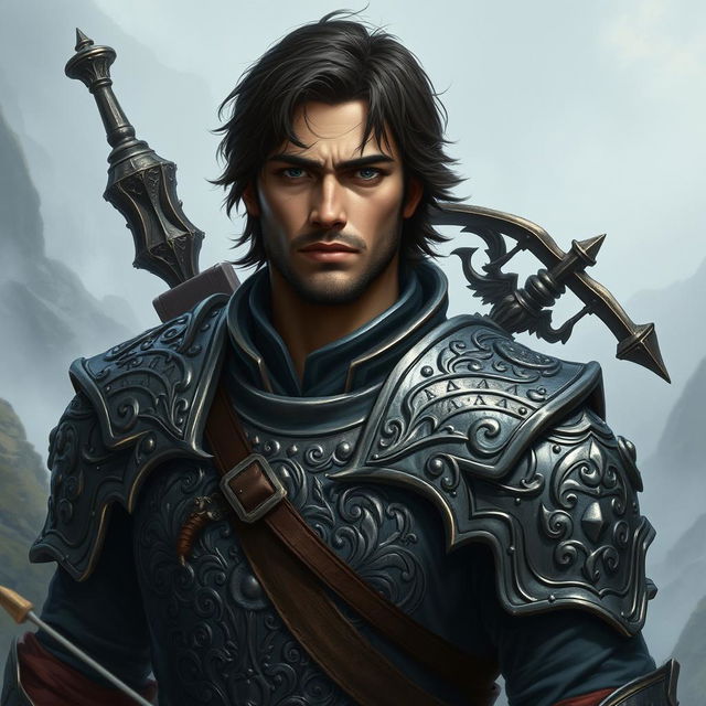 A mystical warrior portrait featuring a male character with elaborate, intricately detailed armor