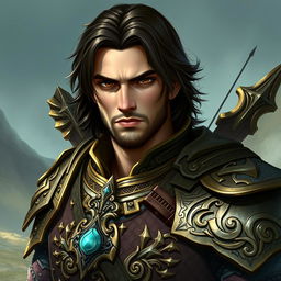 A mystical warrior portrait featuring a male character with elaborate, intricately detailed armor