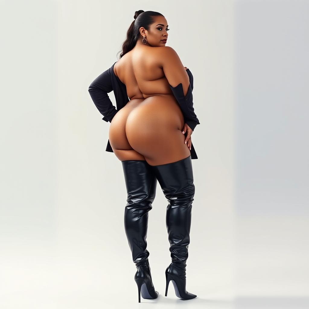 A voluptuous and self-assured woman with a large bum and ample breasts, wearing striking thigh-high boots that complement her curves