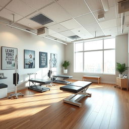 A modern physiotherapy clinic interior design featuring state-of-the-art equipment, calming natural light, and comfortable therapy stations