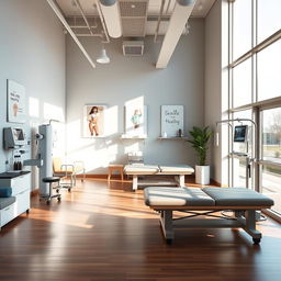 A modern physiotherapy clinic interior design featuring state-of-the-art equipment, calming natural light, and comfortable therapy stations